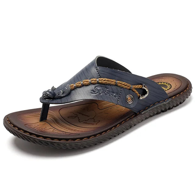 New men's stylish leather flip-flops, ideal casual summer sandals for beach & everyday comfort.