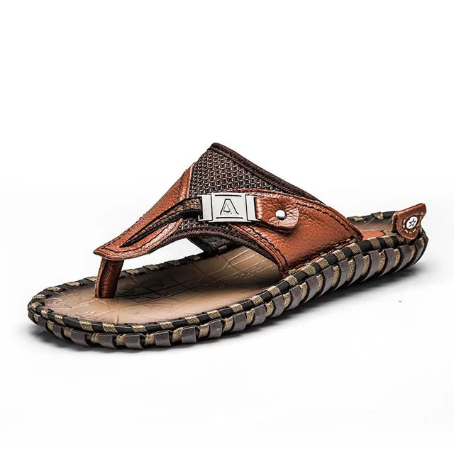 Durable men's leather flip-flops, offering stylish comfort for casual summer outings and beach days.