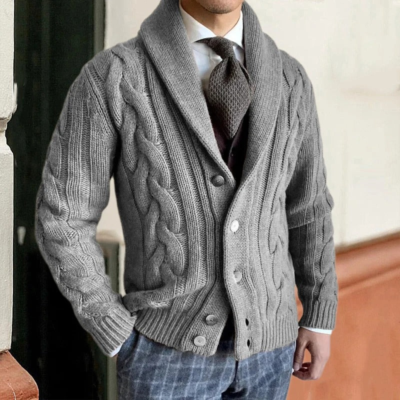 Cozy men's long sleeve cable knit sweater, perfect for cold weather menswear. Features a warm shawl collar.