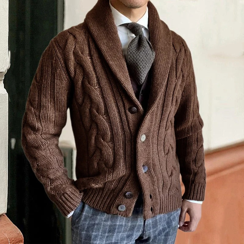 Luxurious men's shawl collar sweater in a textured cable knit. Ideal for stylish and warm winter outerwear.