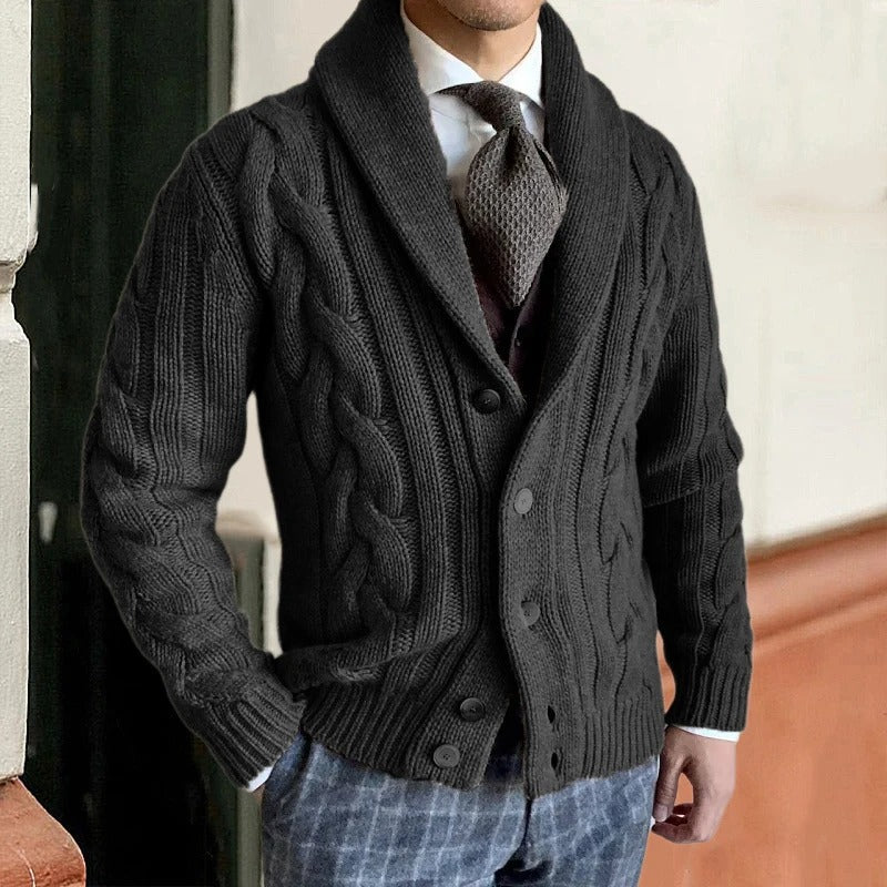 Classic men's cable knit sweater with a distinctive shawl collar, offering a timeless and cozy cold-weather style.