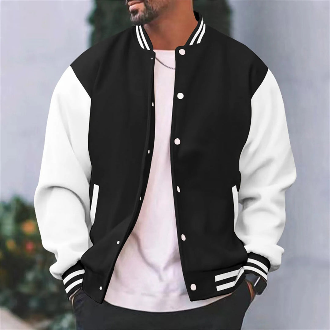 Men's stylish casual baseball jacket, perfect for autumn. Features snap buttons and ribbed cuffs.