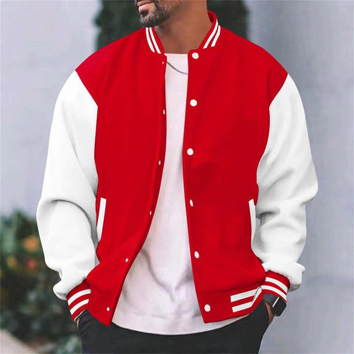 Autumn men's baseball jacket with snap buttons, ribbed cuffs & collar. Stylish fall outerwear.