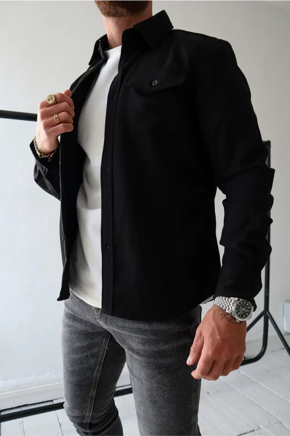 Effortless men's casual shirt for layering, a stylish long sleeve button-down for smart casual looks.