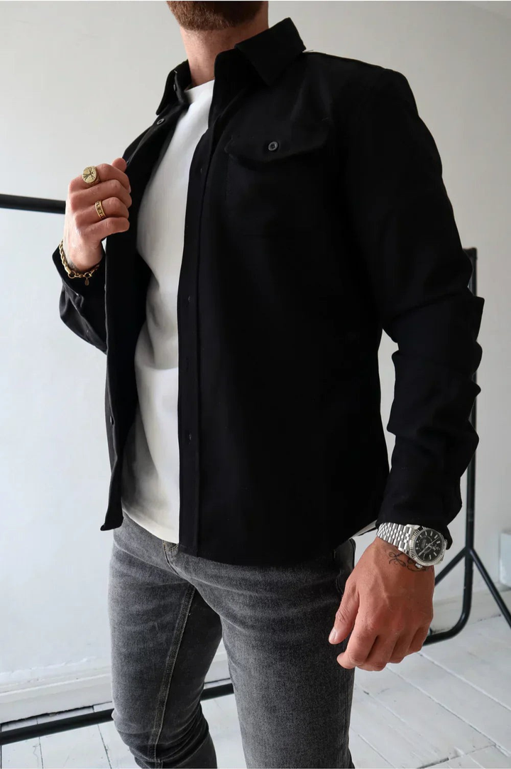 Effortless men's casual shirt for layering, a stylish long sleeve button-down for smart casual looks.