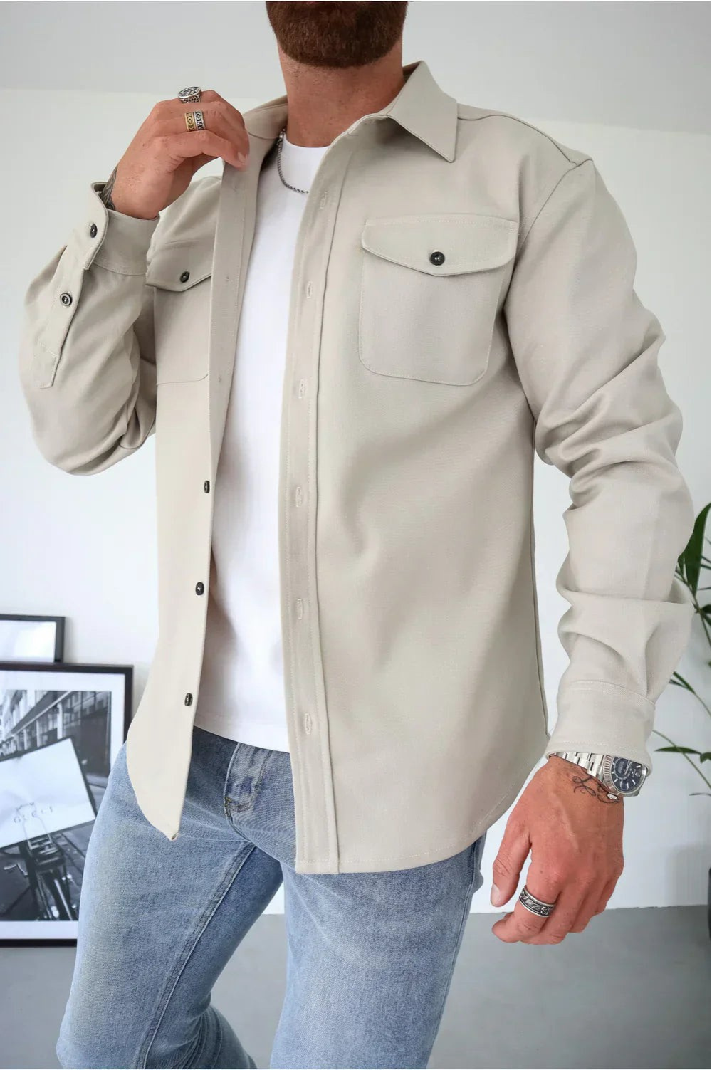 Men's versatile long sleeve overshirt, a modern button-down casual shirt for stylish smart casual layering.