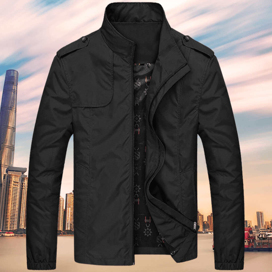 Modern men's casual oxford jacket for autumn. A stylish, warm collar jacket, essential fall fashion outerwear.