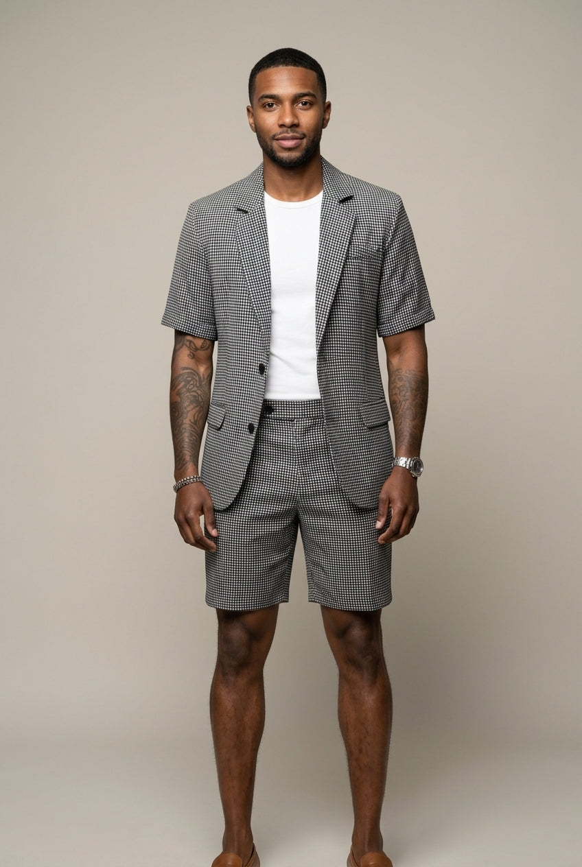 Men's stylish check two-piece set featuring a short sleeve blazer & matching tailored shorts, perfect for summer smart casual.