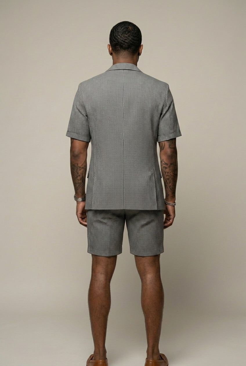 Tailored men's check short sleeve blazer and matching shorts set, ideal for smart casual summer fashion.