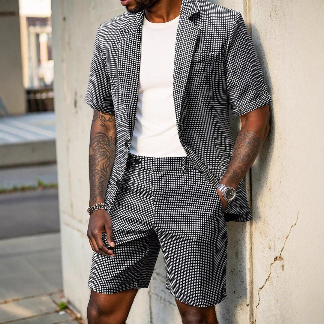 Fashionable men's check two-piece with a lightweight short sleeve blazer and matching shorts for summer comfort.