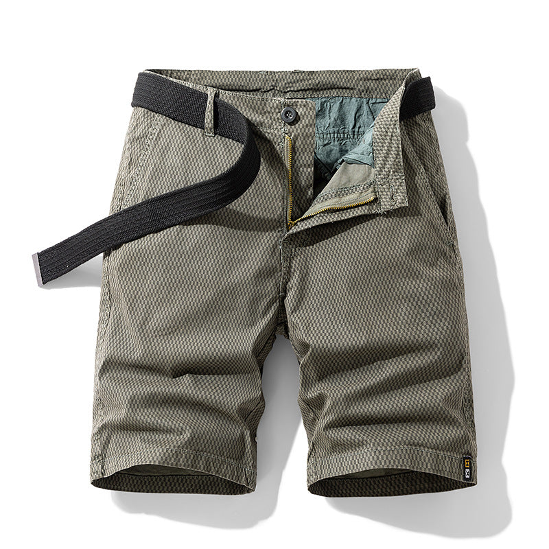 Men's casual checkered shorts with an adjustable belt, great for outdoor activities and summer adventures.