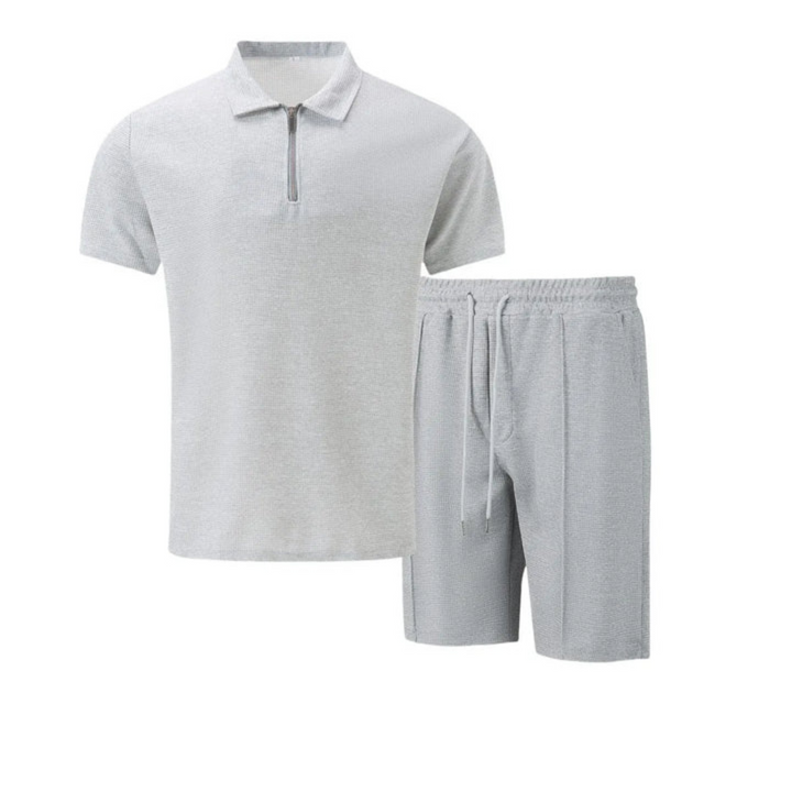 Modern men's summer co-ord set with a short-sleeve polo & comfy drawstring shorts. Perfect two-piece outfit.