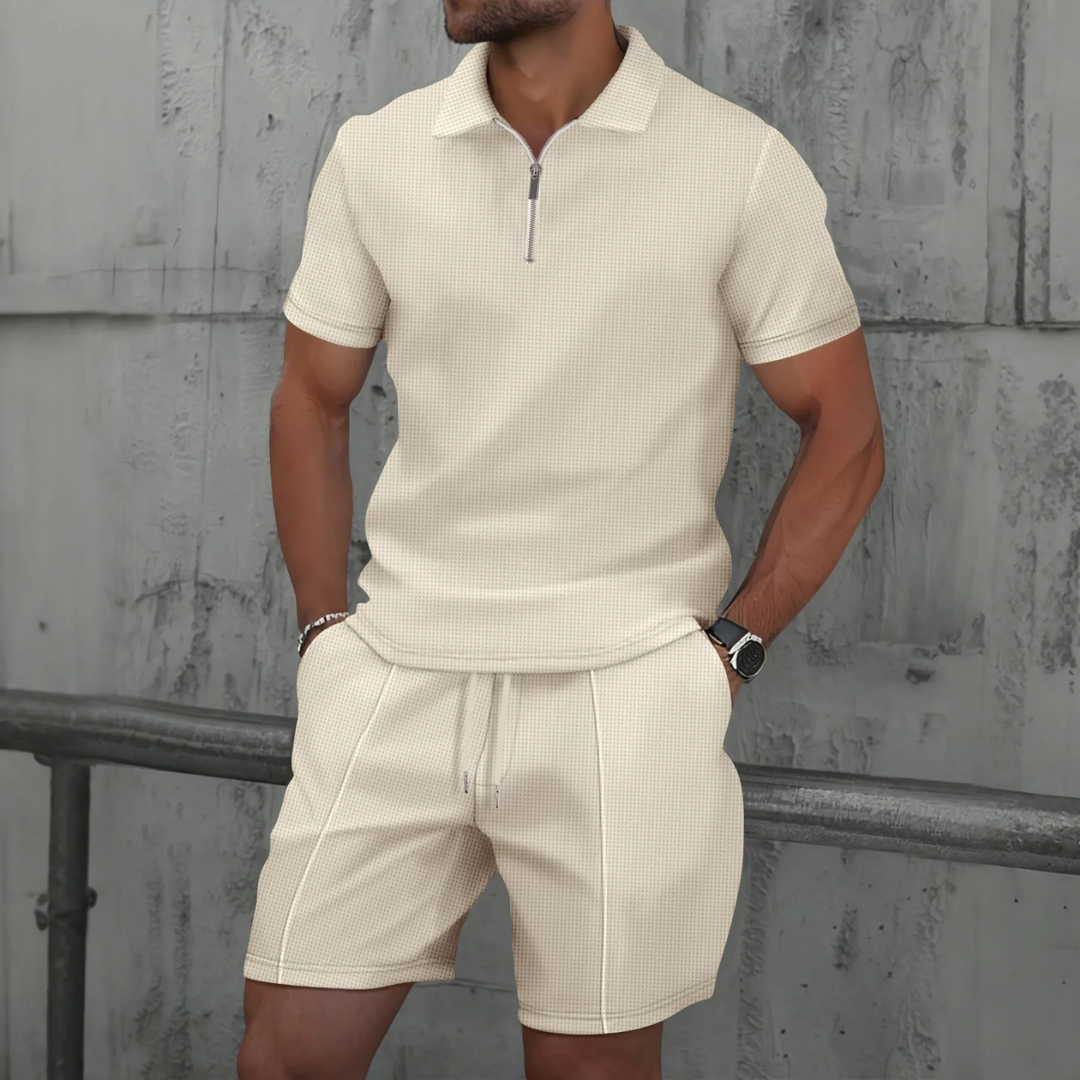 Men's zip polo shirt & matching drawstring shorts co-ord set. Fashionable & comfortable summer wear.