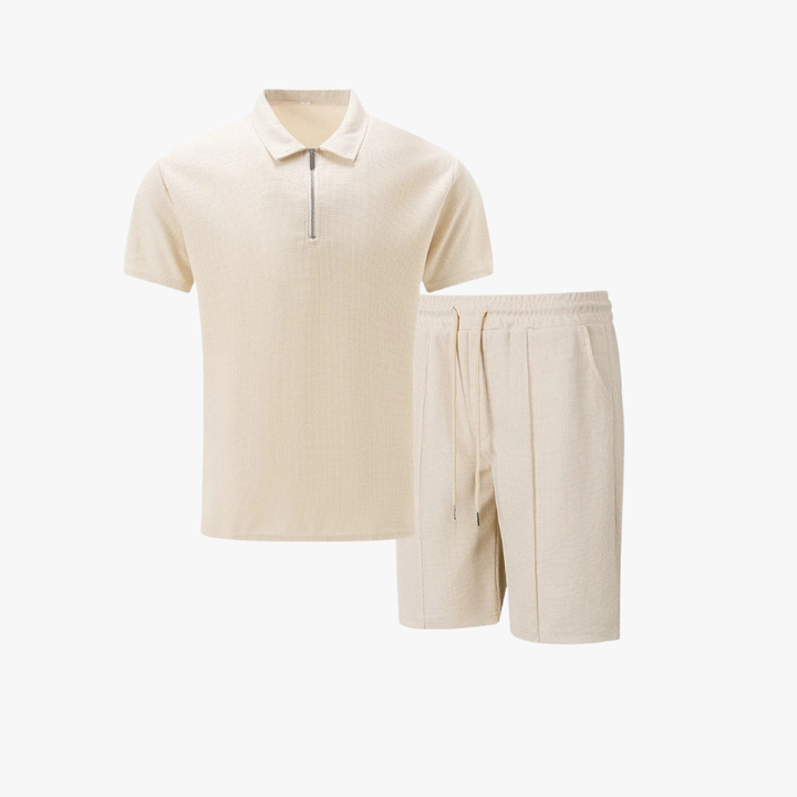 Stylish men's drawstring shorts & coordinating polo shirt co-ord set for a casual summer look.