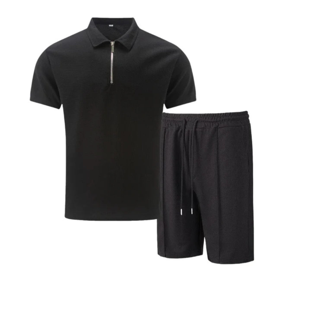 Flat lay of a men's co-ord set: zip polo shirt & drawstring shorts, showcasing summer casual wear.