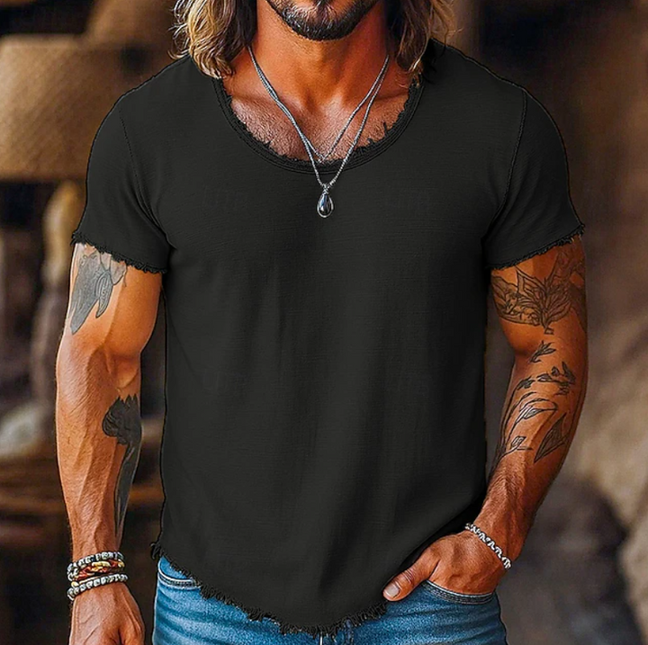 Men's summer crew neck shirt on a hanger, showcasing its modern fit and lightweight material for ultimate comfort.