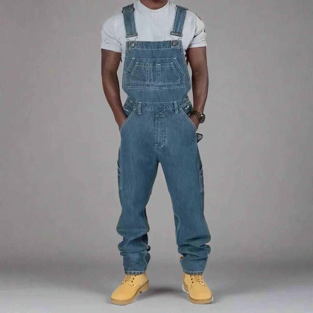 Fashionable men's denim overalls, versatile for streetwear or casual outfits, with comfortable adjustable straps.