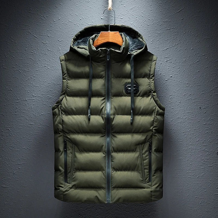 Textured men's Ethan quilted vest, providing warmth and style as a casual hooded outerwear layer.