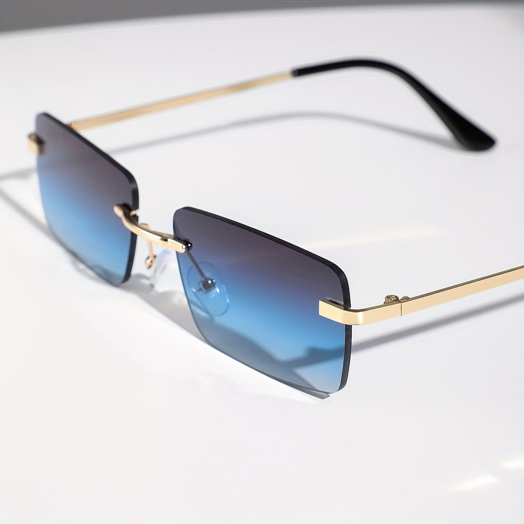 Modern men's rimless sunglasses with sleek metal frame, lightweight & fashionable.