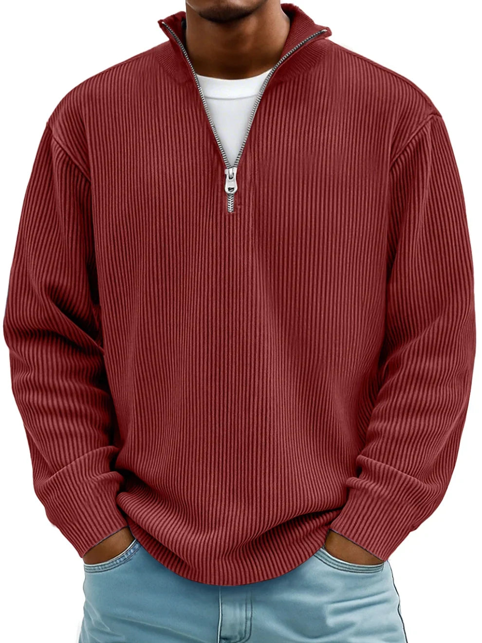 Men's stylish half-zip ribbed knit sweater, perfect for casual comfort and versatile layering.