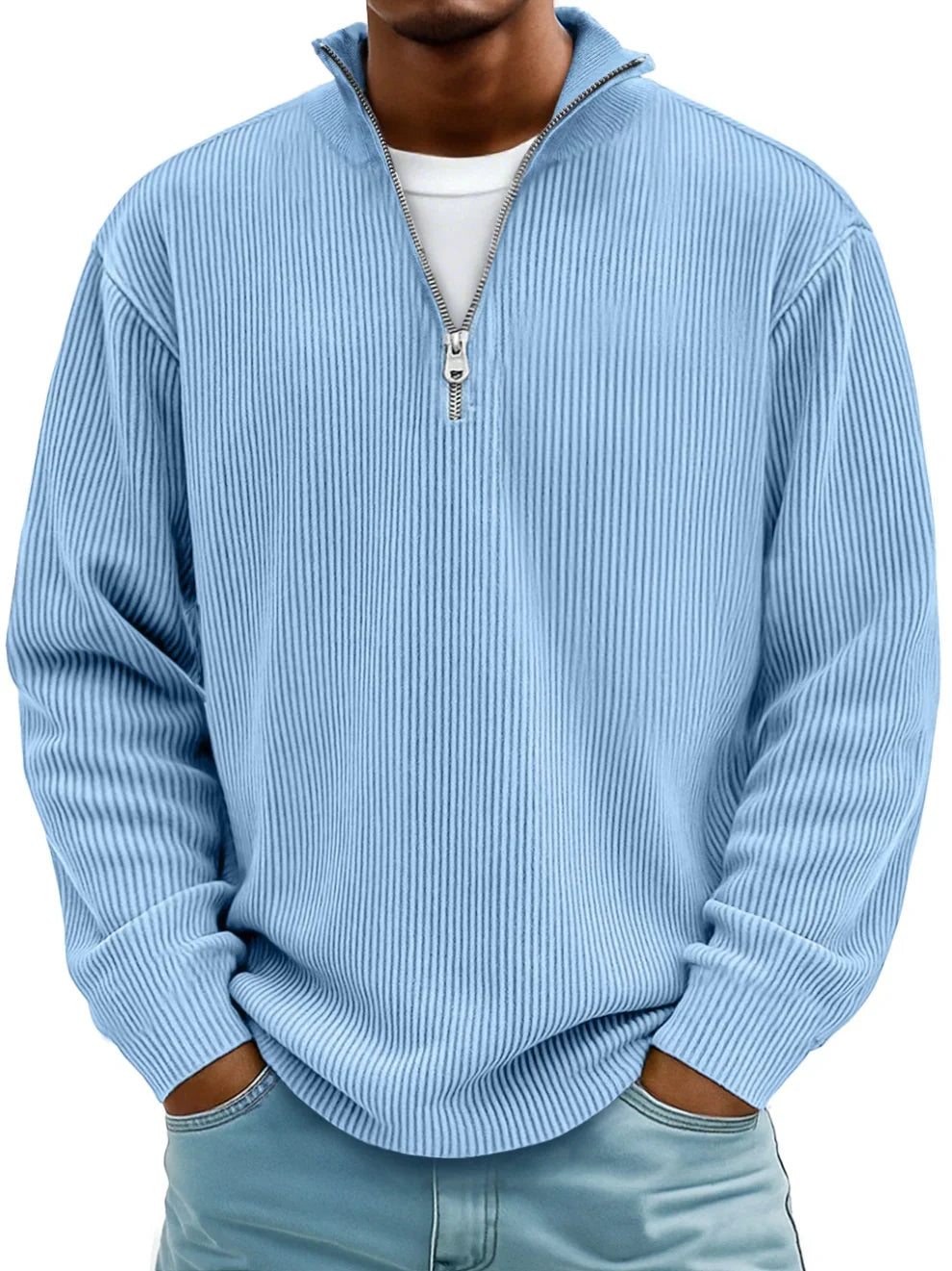 Comfortable men's half-zip pullover sweater, ideal for fall fashion and winter style layering.