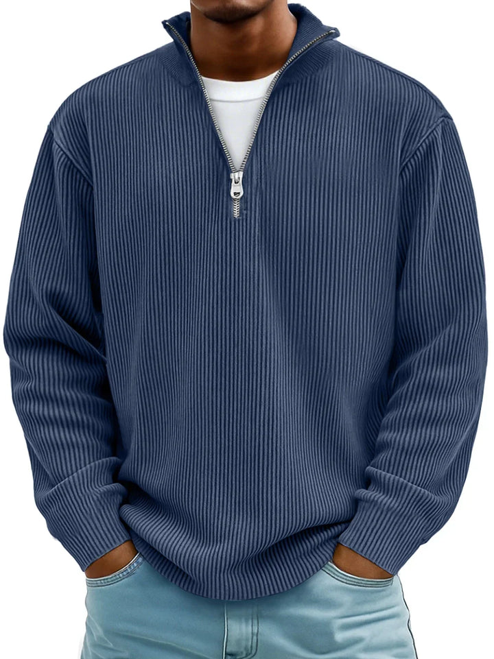 Men's casual half-zip sweater with ribbed knit design, great for comfort and layering in fall.