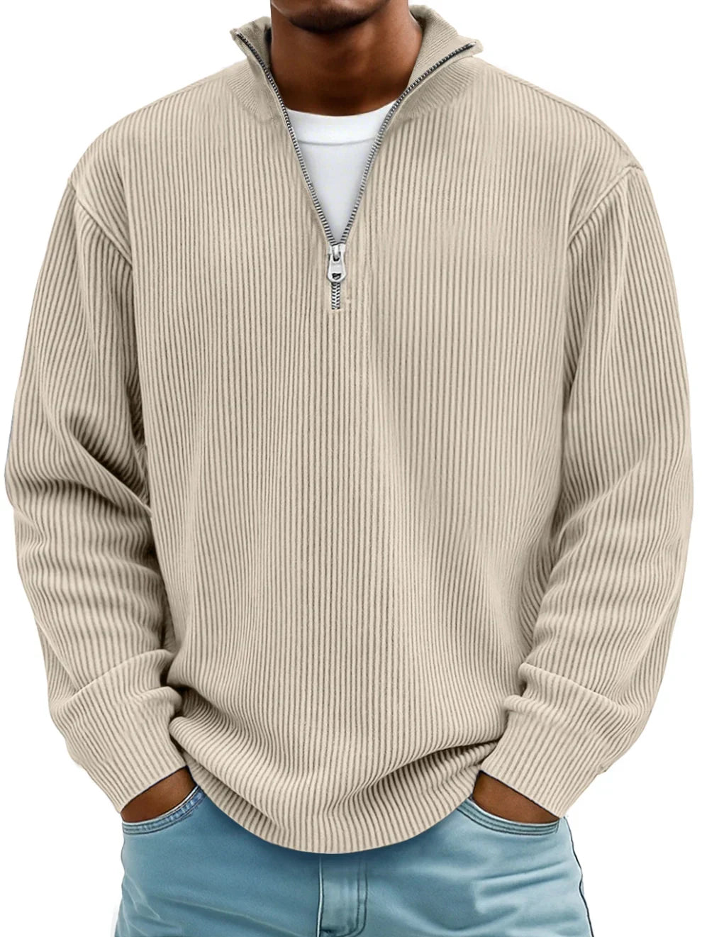 Modern men's half-zip sweater, a stylish ribbed knit long-sleeve pullover for versatile fashion.