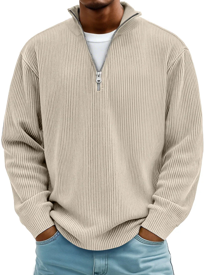 Modern men's half-zip sweater, a stylish ribbed knit long-sleeve pullover for versatile fashion.