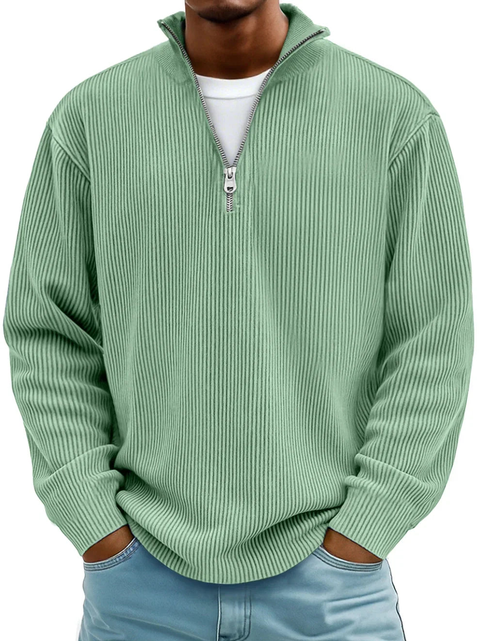 Ribbed knit men's half-zip sweater, a long-sleeve pullover designed for casual comfort & layering.