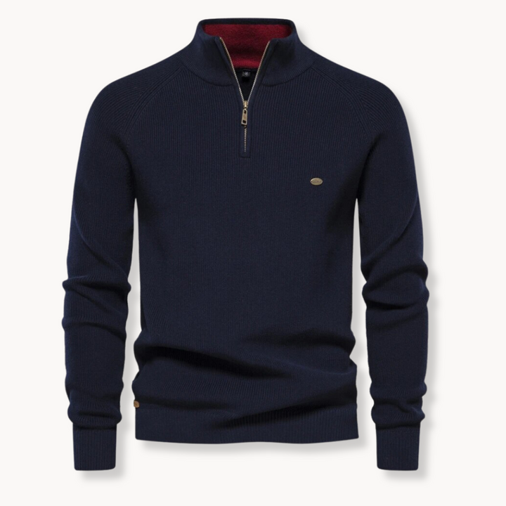 Men's stylish half-zip ribbed mock neck sweater. Warm pullover for winter fashion & casual everyday wear.