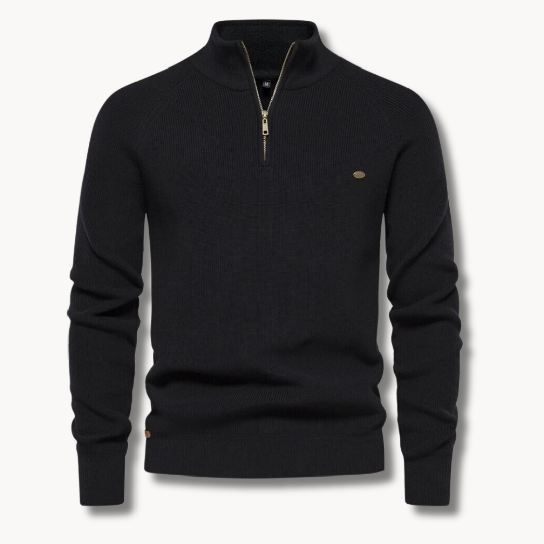 Comfortable men's long sleeve ribbed half-zip sweater, perfect for casual layering & stylish winter outfits.