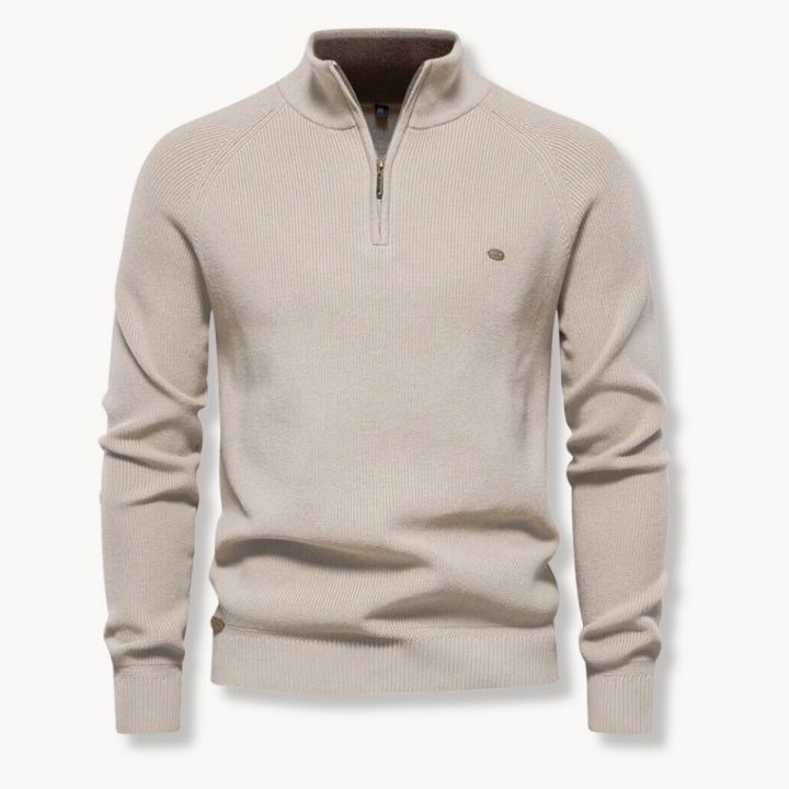 Modern men's ribbed half-zip pullover sweater. Elegant mock neck design, ideal for versatile men's fashion.