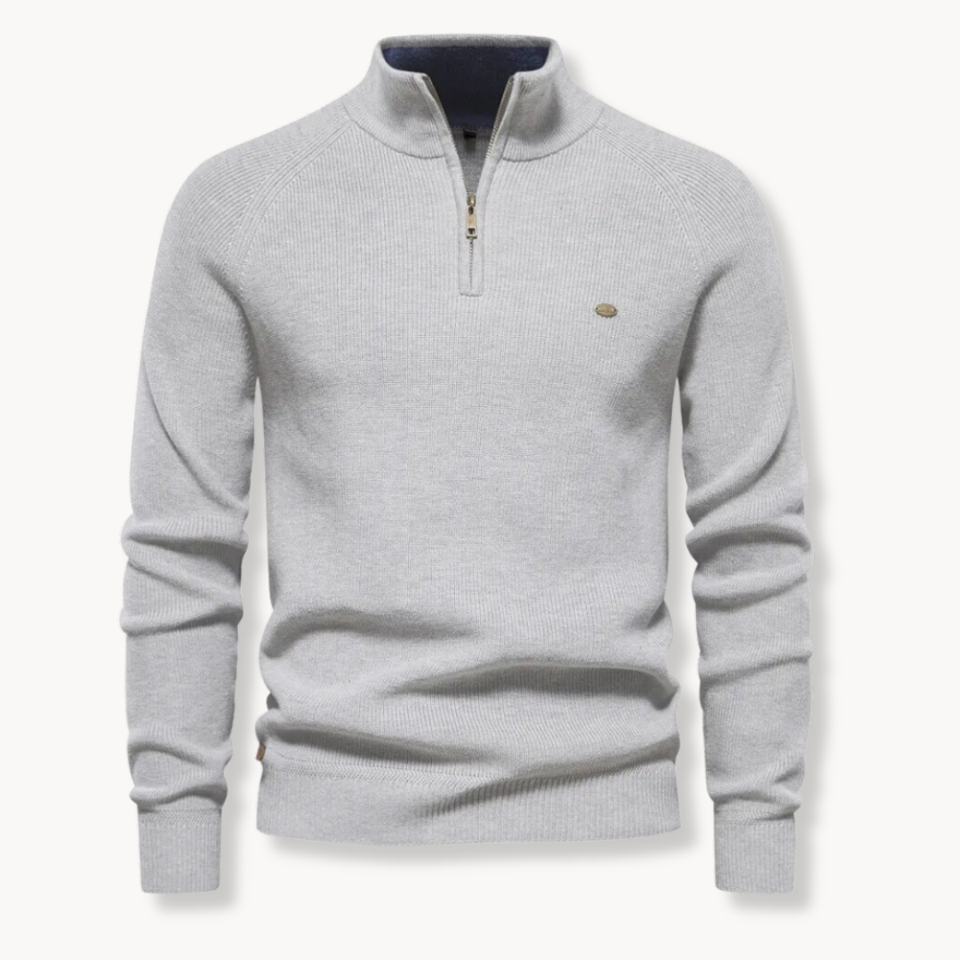 Men's half-zip ribbed long sleeve sweater. Stylish mock neck design, great for casual comfort & layering.