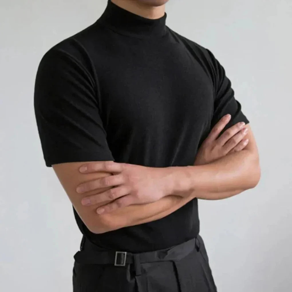 Men's stylish high-collar short-sleeve t-shirt, perfect for modern casual & smart-casual everyday wear. Versatile fit.