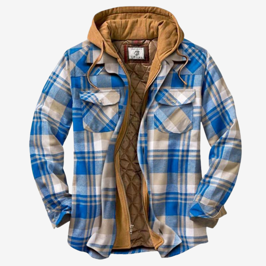 Men's stylish hooded plaid bomber jacket. Perfect warm casual outerwear for fall & spring fashion.