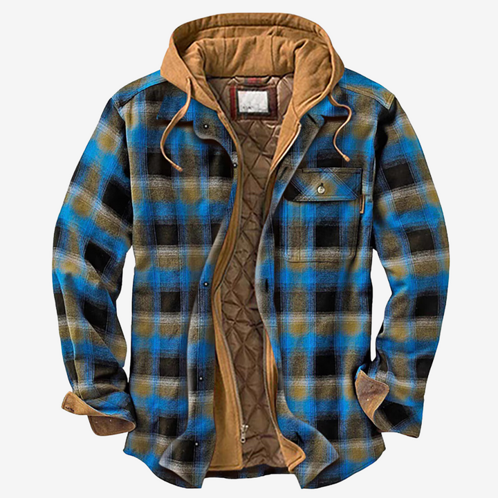 Warm men's quilted bomber jacket with a stylish plaid pattern and practical hood for fall & winter.