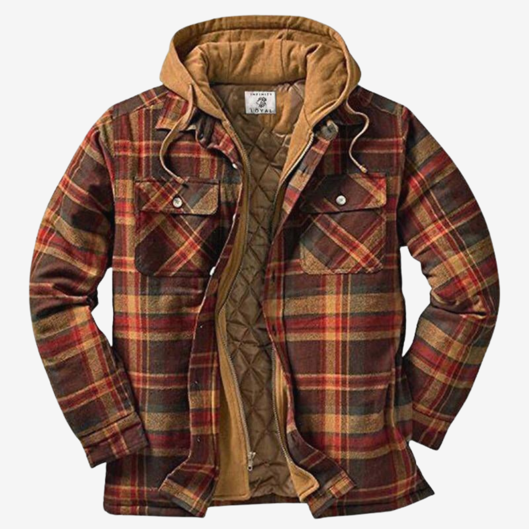 Classic men's plaid bomber jacket with a cozy hood, ideal casual outerwear for stylish everyday wear.