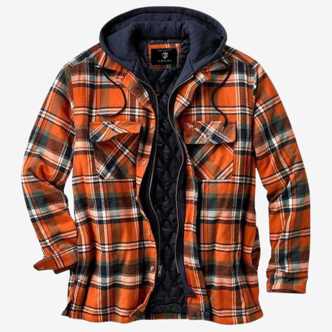 Stylish men's hooded plaid bomber jacket. A warm, casual outerwear piece for modern fall fashion.