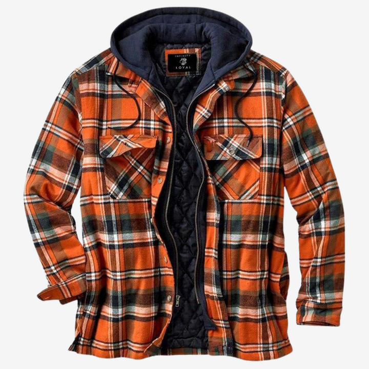 Stylish men's hooded plaid bomber jacket. A warm, casual outerwear piece for modern fall fashion.