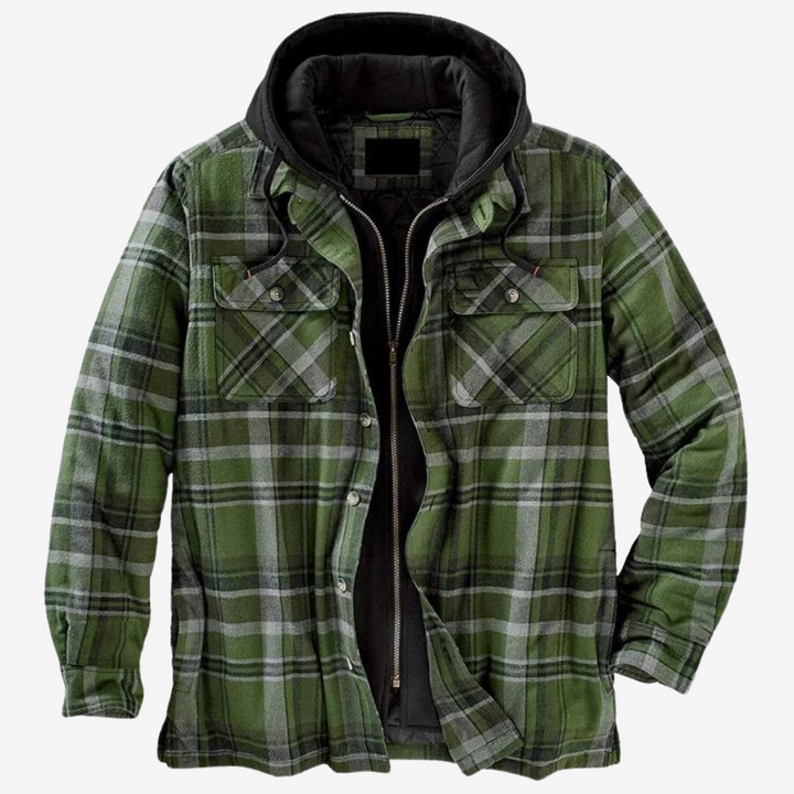 Front view of a men's stylish hooded plaid bomber jacket, perfect for spring or fall warmth.