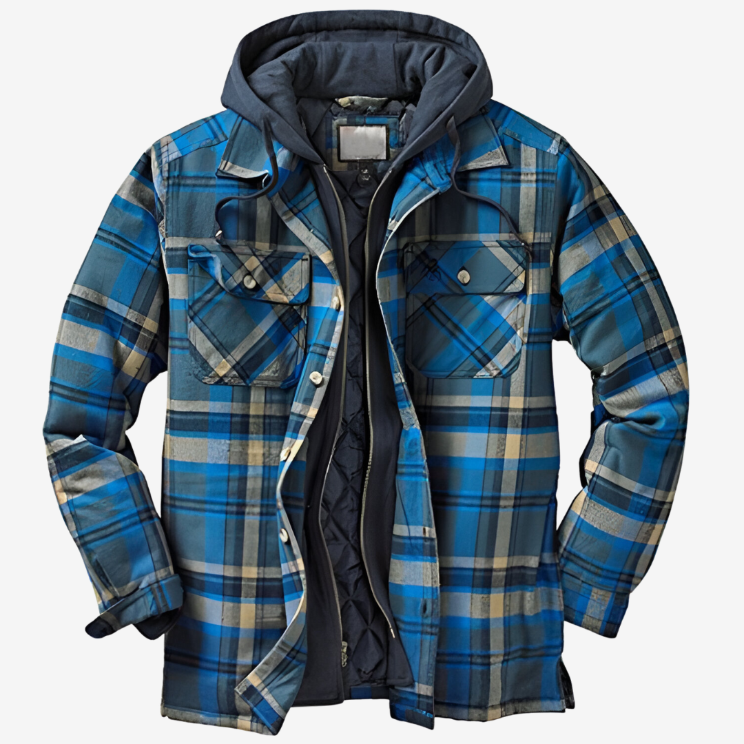 Comfortable men's hooded bomber jacket featuring a trendy plaid design, versatile for casual spring & fall.