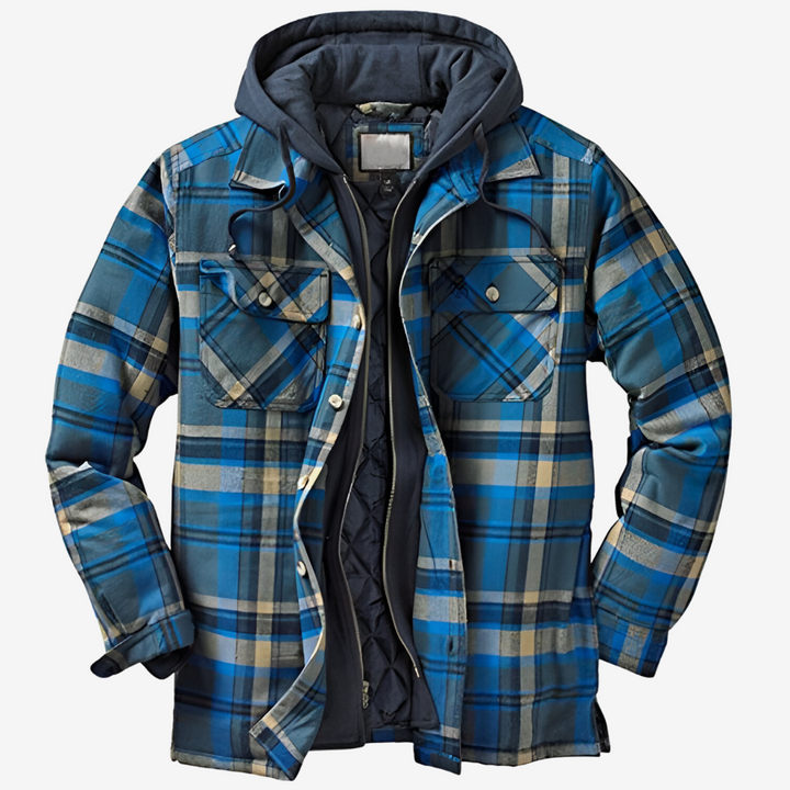 Comfortable men's hooded bomber jacket featuring a trendy plaid design, versatile for casual spring & fall.