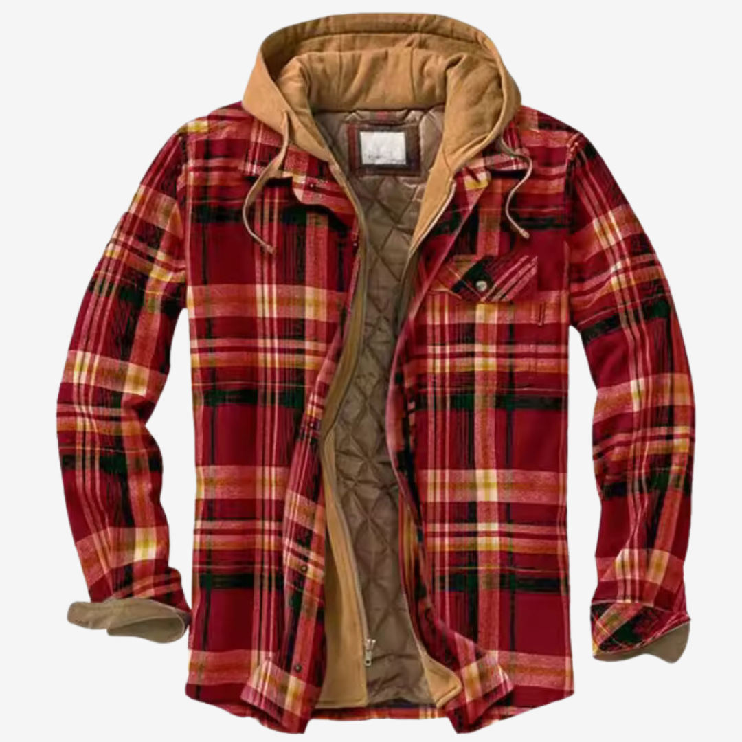 Men's warm plaid bomber jacket with a practical hood. Stylish casual outerwear for diverse mens fashion.