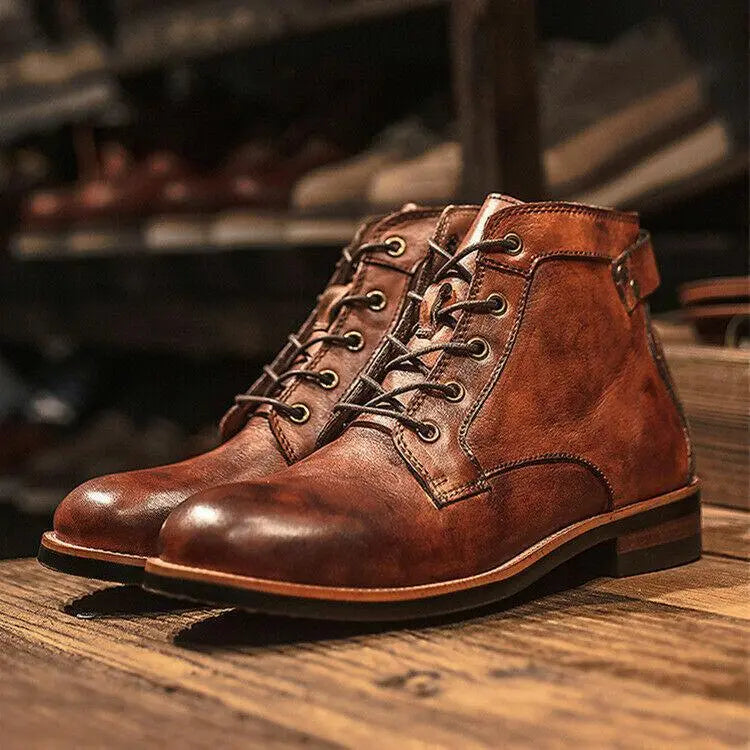 Classic men's lace-up ankle boots, a durable & stylish choice for versatile footwear, suitable for any outfit.