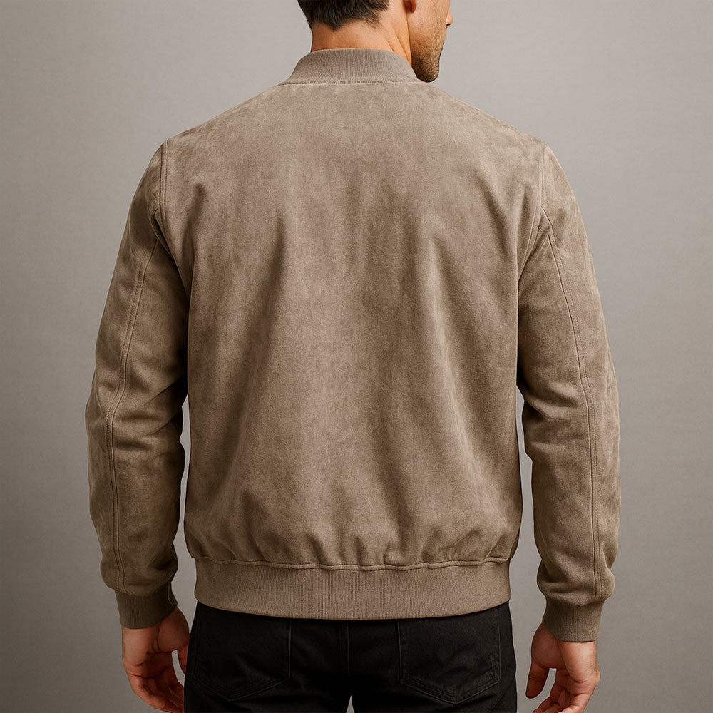 Full-length view of men's lightweight summer jacket, featuring a stylish suede look and modern fit.