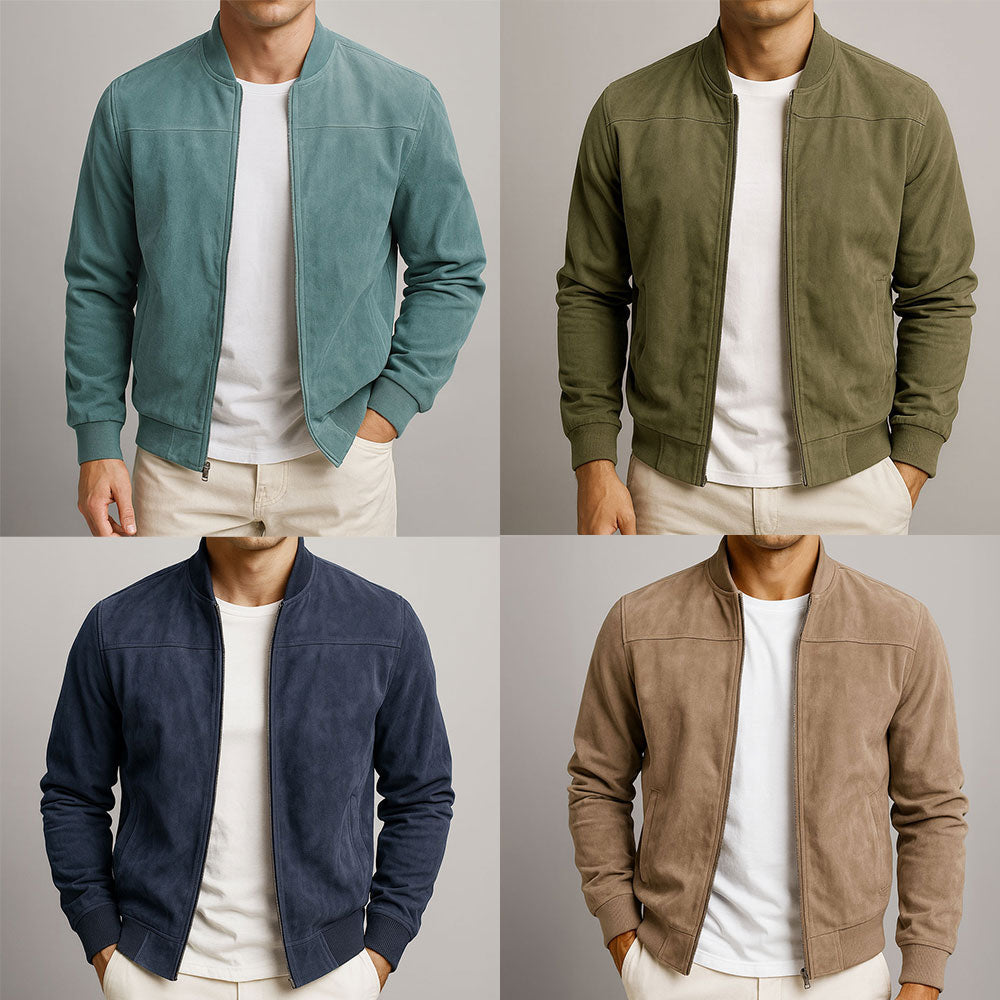 Close-up of the zip and fabric on men's stylish lightweight summer jacket with modern fit.