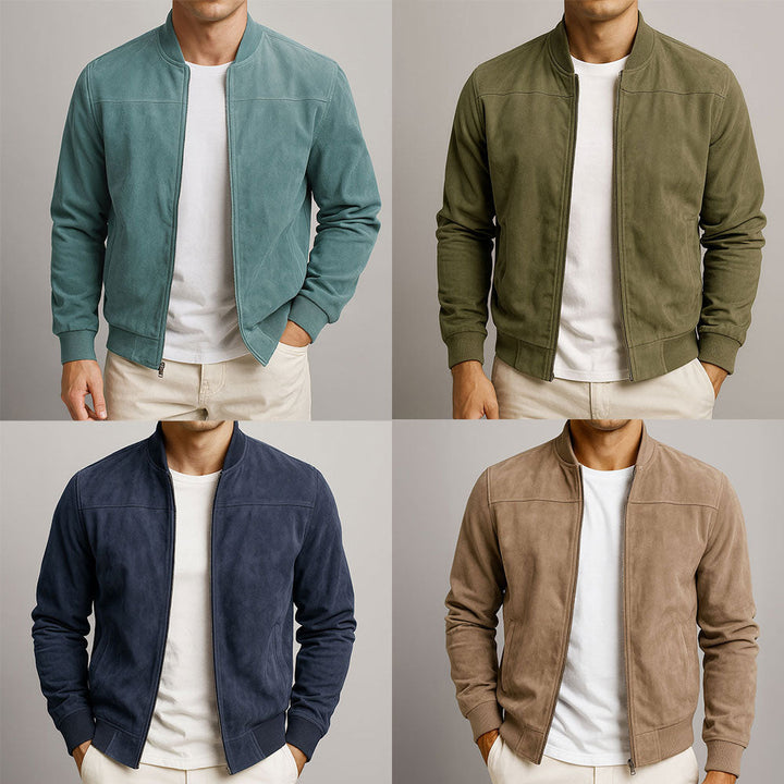 Close-up of the zip and fabric on men's stylish lightweight summer jacket with modern fit.
