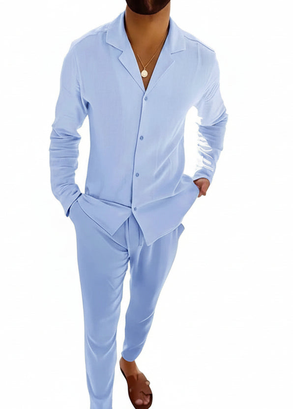 Lightweight men's summer two-piece outfit. Comfortable & breathable set, ideal for vacation lounge wear.