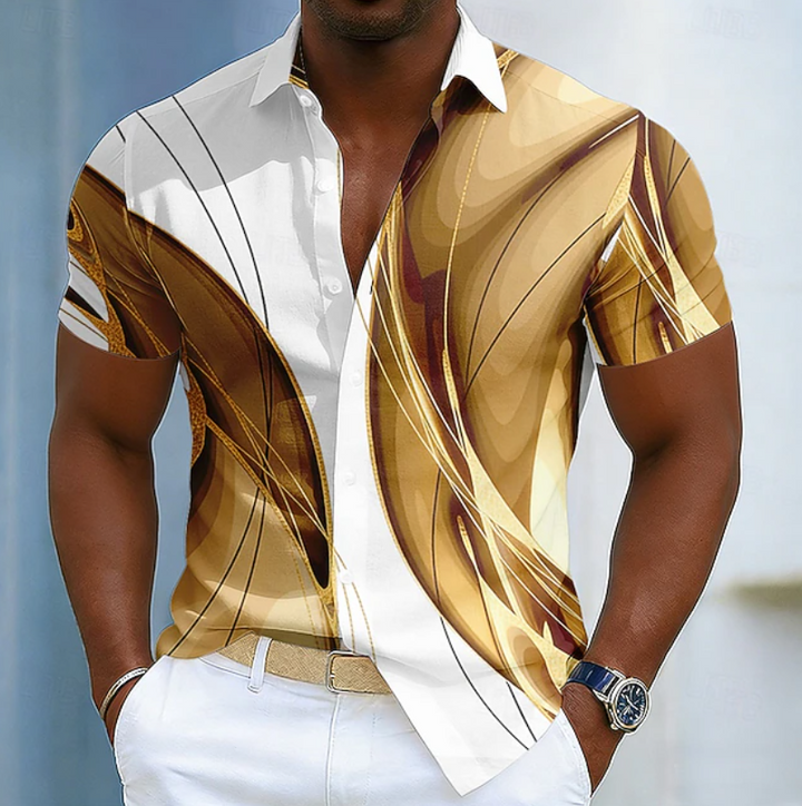 Men's stylish long-sleeve collar shirt with a modern linear design, perfect for smart casual fashion.