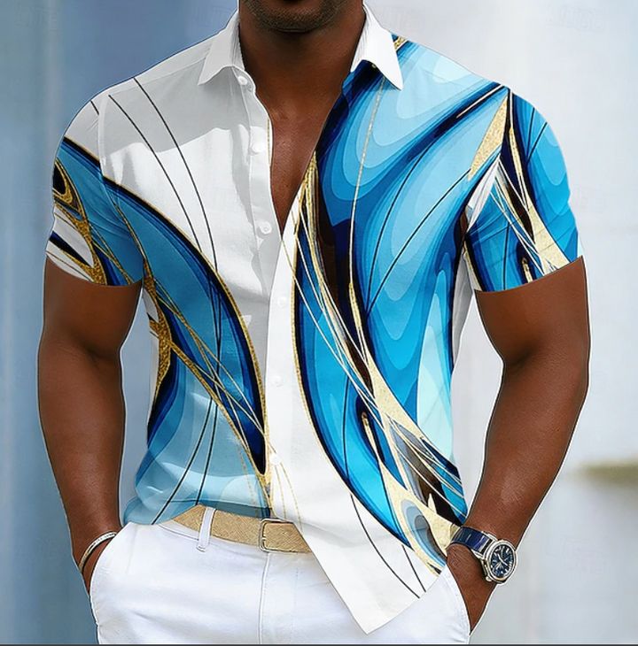 Patterned men's shirt featuring a unique linear design, offering a modern and comfortable wear for versatile styling.